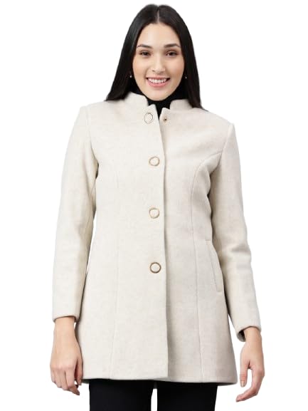 latin quarters Women's Off White A-Line Mandarin Collared Casual Solid Coat-picture-21