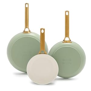 GreenPan Reserve Hard Anodized Healthy Ceramic Nonstick, 8″ 10″ and 12″ 3 Piece Frying Pan Skillet Set, Gold Handle, PFAS-Free, Dishwasher Safe, Oven Safe, Sage