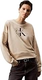 Calvin Klein Damen Sweatshirt Monologo French Terry mit Rundhalsausschnitt, Beige (White Pepper), 3XS