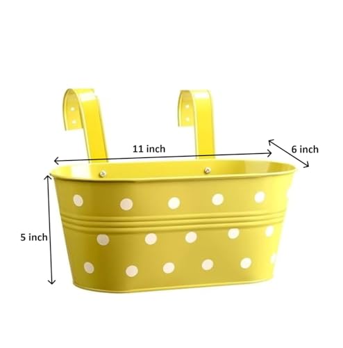 Image of 12 INCH Anti Rust Railing Oval Planter for Balcony & Garden with Detachable Handle | Hanging Flowerpot Holder | Metal Wall Planter for Indoor and Outdoor Decor (Multicolour Polka Dot, 4)