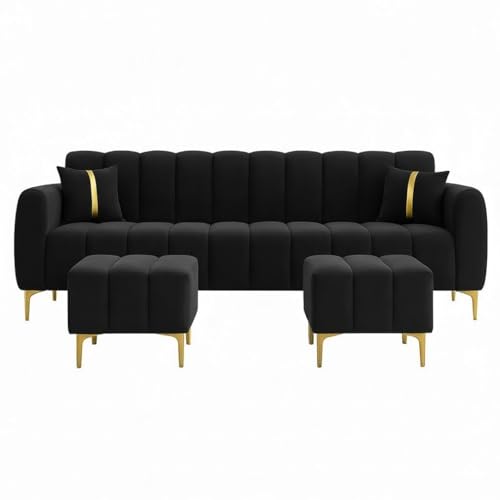 Image of Harmonica 3 Seater Modular L Shape Sofa Set with 2 Ottoman| Soft Velvet Upholstery, Sturdy Wooden Frame | Modern Sofa for Living Room, Hall & Office Spaces (Black)