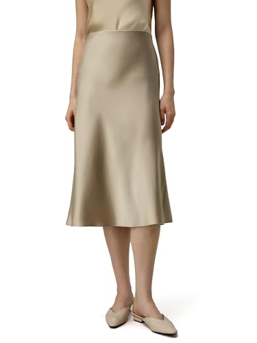 LilySilk Silk Midi Skirt Bias-Cut 32Momme Double-Faced 100% Silk Charmeuse Side Slit Hem Waistband