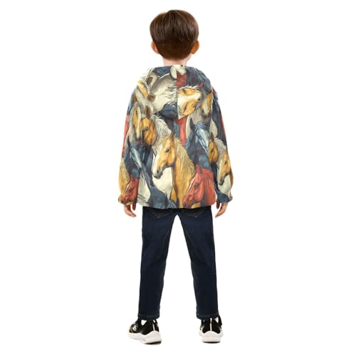 Colorful Cool Horses Pattern Toddler Fleece Jacket Girl Boys Hooded Fleece Jacket Coat Warm Outwear Zip-up 3-10T4