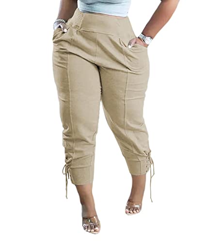 xxxiticat Women's Lace Up Jogger Pants High Waist Bandage Criss Cross Loose Fit Elastic Workout Gym Trousers Sweatpants(AP,S) Apricot