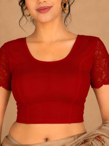 Image of Abhi Cotton Readymade Saree Blouse for Women- Half Net Sleeves, Round Neck, Regular-fit, Stretchable, Pull-on Style Blouse