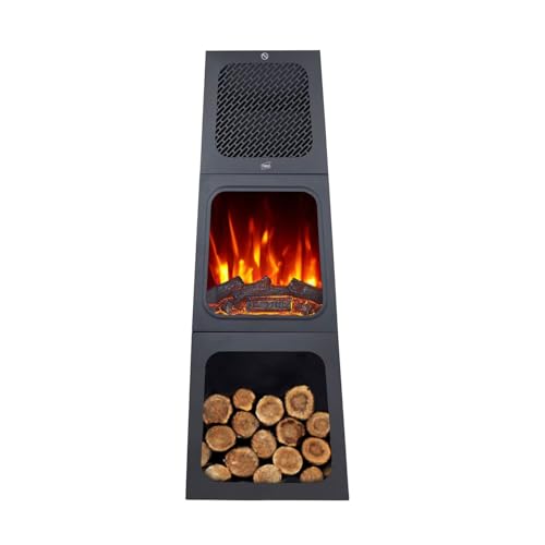 Neo Modern Tall Triangle Pyramid Free Standing Electric Fireplace Stove Real Log Flame Effect LED Flame Adjustable Thermostat Control 2 Heat Settings 45 x 35 x 120 cm