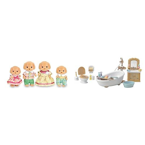 Calico Critters Toy Poodle Family (3 inches) with Country Bathroom Set - Dollhouse Family Figures and 25-Piece Furniture Set