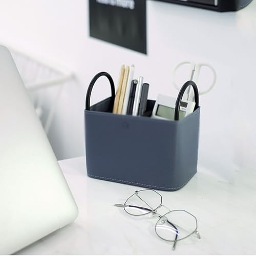 Porte-stylo rectangulaire fer et cuir avec poignée, pot de rangement bleu