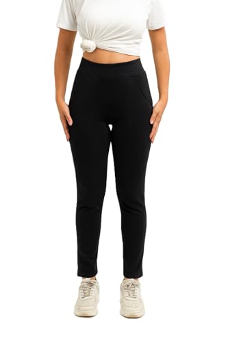 Image of EcoLove Women's Black Ribbed Knit Pants, High-Waisted, Tapered Fit