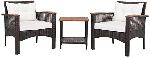 COSTWAY 3 Pieces Patio Rattan Bistro Set, Metal Frame Garden Coffee Table And Sofa Chairs Set