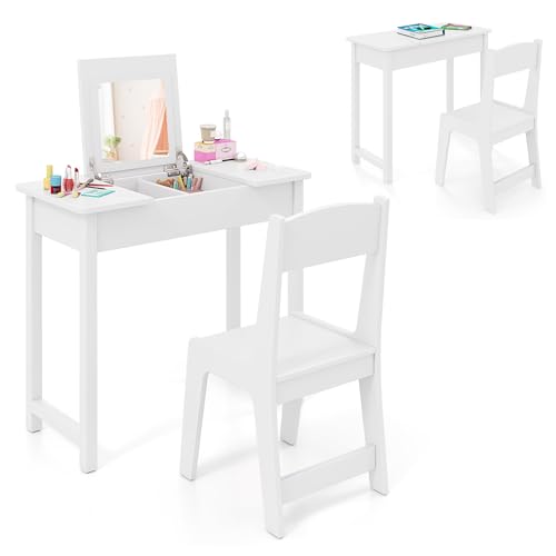 GLACER Kids Vanity with Flip Top Mirror, 2 in 1 Vanity Table and Chair Set with Shatterproof Acrylic Mirror, Hidden Storage Space, Princess Makeup Dressing Table for Bedroom, Gifts for Girls (White)