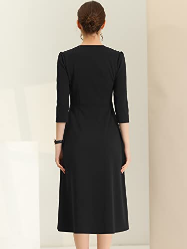 Allegra K Women's 3/4 Sleeve Dresses V Neck Elegant A-Line Work Business Formal Midi Dress with Pockets4