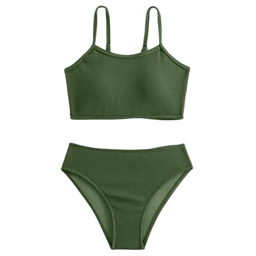 Girls Bathing Suit Casual Solid Color Adjustable Straps Bikini Sets Two Piece Ribbed Swimsuit Summer Beach Swimwear