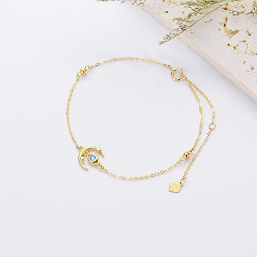 Rikelus 14K Gold Evil Eye Bracelet For Women Real Gold Moon Star Bracelet Protection Jewelry Christmas Gifts For Mum Wife Girls 6.5+1+1 Inch (Style 1, Yellow Gold) #TOP3