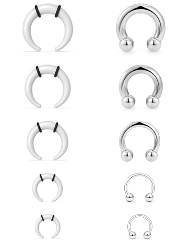 Kadogohno 14G-4G Septum Stretching Kit Surgical Steel Acrylic Pincher Tapers C Shape Buffalo Stretcher Expander with Black O-Rings for Pierced Nose Ear Cartilage for Women Men 10Pcs