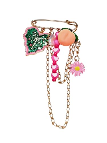 Cute Peach & Daisy Chain Brooch, Enamel Fruit Flower Safety Pin, Layered Chain Tassel Pin, Kawaii Cottagecore Statement Jewelry for Women, Playful Fashion Accessory