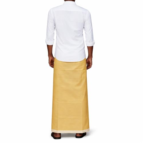 Image of Pure Cotton Dhoti for Men (1.28 x 1.87 m) | Solid Panchalu with Varied Small Color Border | Kerala Cotton Veshti, Khadi Dhoti | Lightweight Pooja & Temple Wear