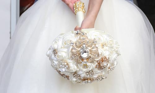 Gkvszy 7.5in Ivory Handmade Wedding Bouquet with Luxury Gold Rhinestone Brooch Pearl Satin Rose Flower Bridal Bouquet for Bride Bridesmaid Quinceanera Wedding Bouquet Ivory by Gkvszy - Used condition - Image 5