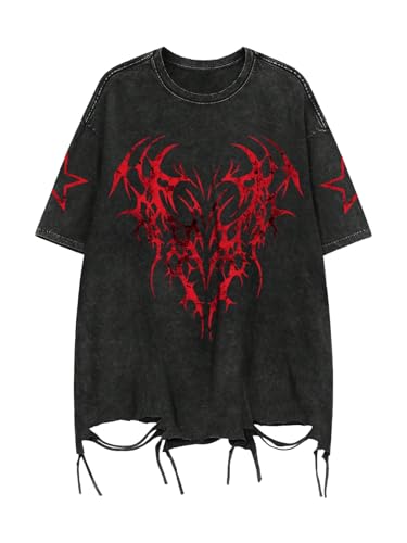 Verdusa Men Ripped Graphic Tees Short Sleeve Drop Shoulder Grunge Punk Oversized Tshirts Emo Scene Clothes Streetwear