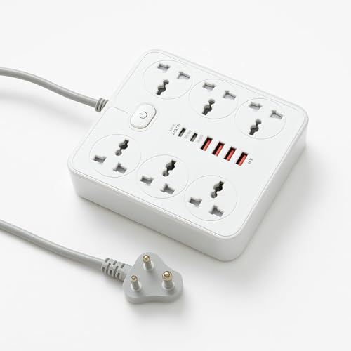 Image of Extension Board, Power Strip with 6 USB Ports and 3 Universal Socket, 2500W 10A Extension Cord, 3-Pin Surge Protector Power Strip for Home, Office, Computer, Mobile Charging (White-Z67)