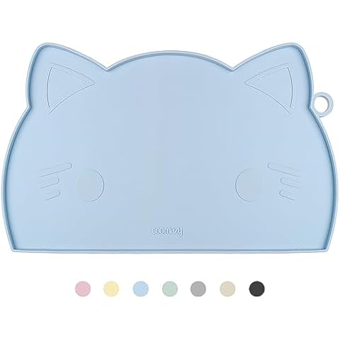 Coomazy Cat Food Mat, Thicker Dog Feeding Mat for Food and Water, Waterproof Non-Slip Silicone Mat for Floor, Dog Food Mat with Raised Edge to Prevent Food Spills and Water Runoff (Blue, Medium) Cover