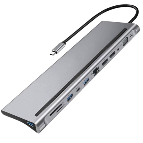 Image of USB C to 12 in 1 HUB Dock MST, Aluminium Type C Station 2* HDMI Port, 1* VGA, RJ45, 3 USB 3.0 Ports, 1 3.5mm Audio, USB-C Power Delivery, TF /SD Slot for Laptops /MAk (12 in 1 Dual HDMI Adapter)