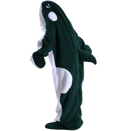 Thigies Whale Blanket Hoodie, Wearable Blanket Whale Tail Hoodie Onesie,Cosy Fluffy Fleece Sleeping Bag, Onesie Whale Costume for Adult Women Men