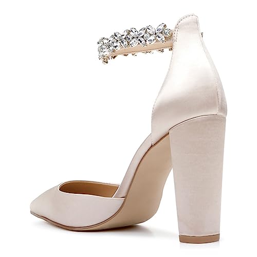 XYD Women Crystal Ankle Strap Pointed Closed Toe Block Heels D'Orsay Pumps Ladies Brides Evening Dress Wedding Shoes3