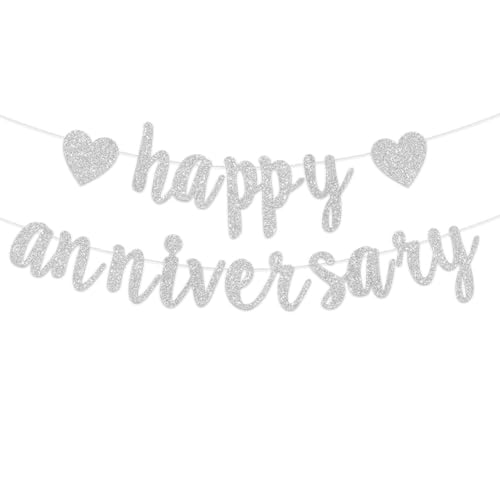 Pre-Strung Happy Anniversary Banner Bunting Silver Hanging Sign Garland for Anniversary Birthday Wedding Love Party Ceremony Decoration Party Supplies(Silver)