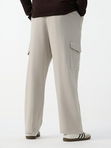 Image of The Souled Store Solids: Stone Grey Men and Boys Elastic Waistband Stone Grey Solid Cotton Blend Knit Straight Fit Cargo Pockets Lightweight Everyday All-Season Joggers