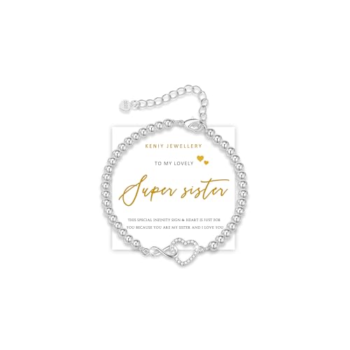 KENIY A Big Super Sister Silver Bracelet for Women S925 Sterling Silver Beads Friendship Bracelets with Love Hearts and Infinity Pendant Big Sister Gifts | Jewellery Gifts for Women (One Size)