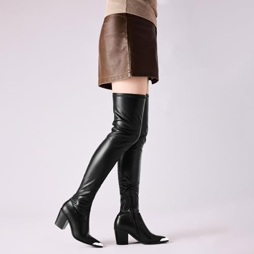 Women Thigh High Boots PU Leather Chunky Heels Pointed Toe Over The Knee Boots Side Zipper4