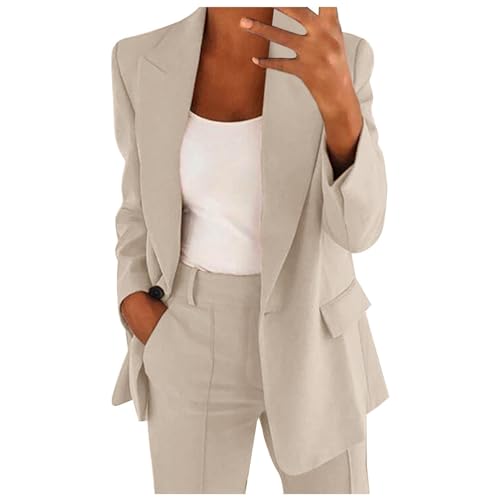 Hosenanzüge für Damen Elegant Blazern Hose Anzuge Set Einfarbig Streetwear Zweiteiler Hosenanzug Business Modern Anzughose Rever Slim Fit Sportlich Büro Outfit Anzugjacke Sommer (05-Beige, XL)