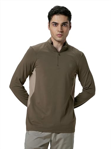 Image of TECHNOSPORT Men Polyester Slim Fit Colorblock Zipper Neck Full Sleeve Cotflex Polo T-Shirt With Quick Dry, Spf50+ For Gym, Sports And Regular Use