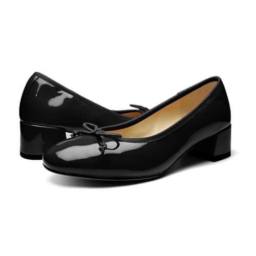 Mary Jane Shoes Women Leather Round Toe Chunky Mid Heel Pumps Ballet Shoes with Bow Tie Closed Toe Comfort Work Casual Ballerina Shoes3
