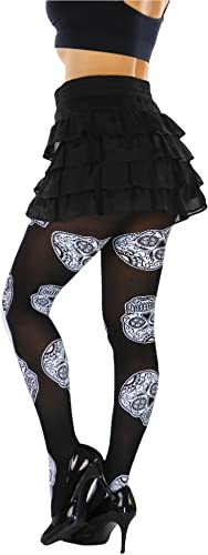 Image of ToBeInStyle Women's Sugar Skull Dia de los Muertos La Catrina Skeleton Bones Tights & Thigh High Stockings