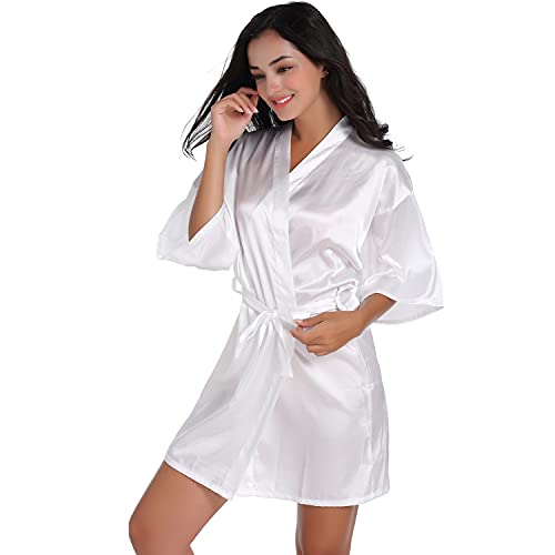 FLOBBS Damen Morgenmantel Kimono Satin Robe Kurze Nachtwäsche V Ausschnitt Bademantel Mit Gürtel Kimono Robe für Hochzeit Party Pool Party und Pajama Party Cover