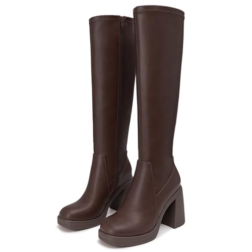Athlefit Knee High Boots for Women Square Toe Platform Chunky Heel Stretchy Tall Boots with Side Zipper3