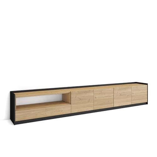 Skraut Home | Mueble TV | Televisión | Muebles de salón, almacenaje | 310x50x37 cm | para TV hasta 80' | con Almacenamiento | Estilo Moderno | Roble y Negro