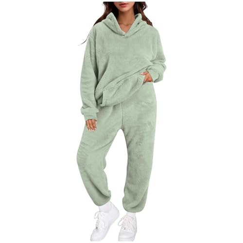Generisch Traje de ocio para mujer, de forro polar, cálido, informal, de manga larga, de dos piezas, para el tiempo libre, invierno, cálido, con capucha, forro polar térmico, chándal, pijama, O Verde