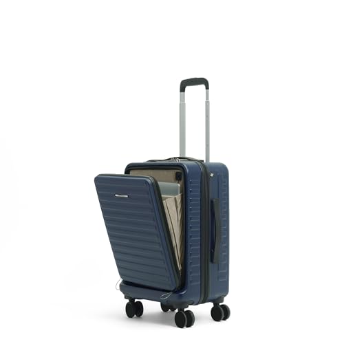 Image of Assembly Cabin Suitcase with External Laptop Pocket up to 15.6'' & 8 Spinner Wheels, Premium Polycarbonate Hard Shell Carry On Luggage for Adventure Travel, Blue, 20-Inch