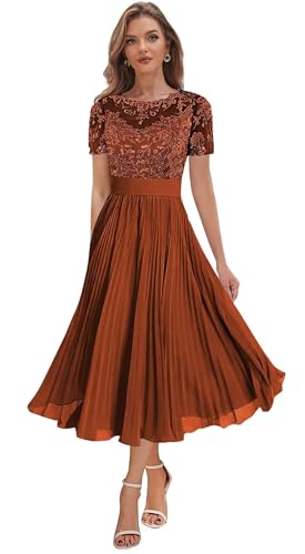 Tea Length Mother of The Bride Dresses for Women Chiffon Lace Formal Evening Dress with Sleeves