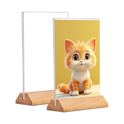 2pcs Acrylic Table Sign holder T-Stand Wood Base Double-sided Display Stands, Table Menu Sign Holder for Restaurant, Hotels, Store, Promotions (Vertical, A4)