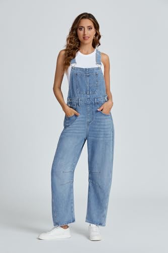 Ladyful Women's Denim Overall Casual Straight Wide Leg Bib Jeans Overall Adjustable Straps Denim Romper Stretch Jumpsuits2