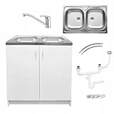 Stamar Möbel Spüle mit Unterschrank 80 cm Weiß Küchenspüle 2-Kammer & Edelstahl-Spülbecken kompakter Spülenunterschrank für Küche, Standschrank 49 cm Tiefe Siphon Montagefertig