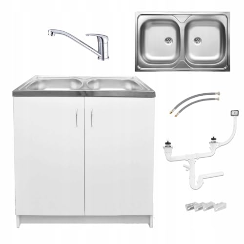 Stamar Möbel Spüle mit Unterschrank 80 cm Weiß Küchenspüle 2-Kammer & Edelstahl-Spülbecken kompakter Spülenunterschrank für Küche, Standschrank 49 cm Tiefe Siphon Montagefertig