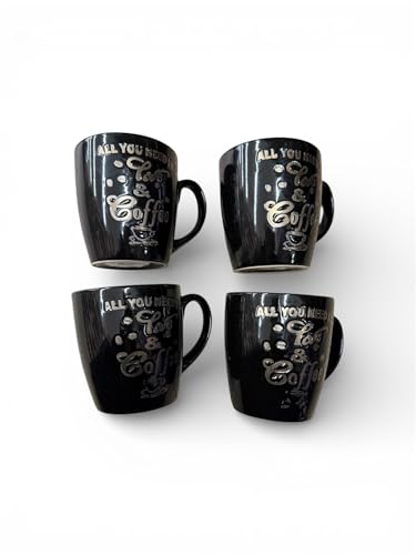 Black Coffee Mugs Set of 4, All You Need is Coffee Design, Ceramic Drinkware