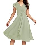 SAYNO Vestido de dama de honor de gasa para mujer, plisado, corto, para cóctel, fiesta, cuello en V, vestidos de graduación, Salvia polvoriento, 44
