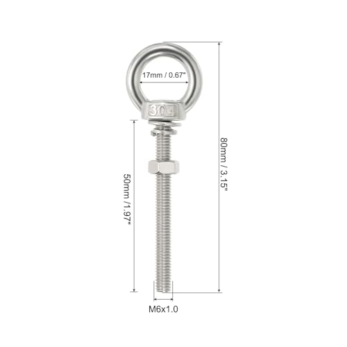 Image of uxcell M6*50 1 /4 inchx1.97 inch Stainless Steel Eye Bolts Threaded Screw Eyebolt Shoulder Ring with Nuts Washers for Lifting Hanging, 2 Set