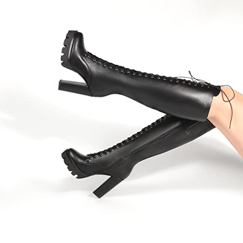 ANN CREEK Women's Black Lace Up Knee High Platform Boots Lug Sole High Chunky Heel Boots4